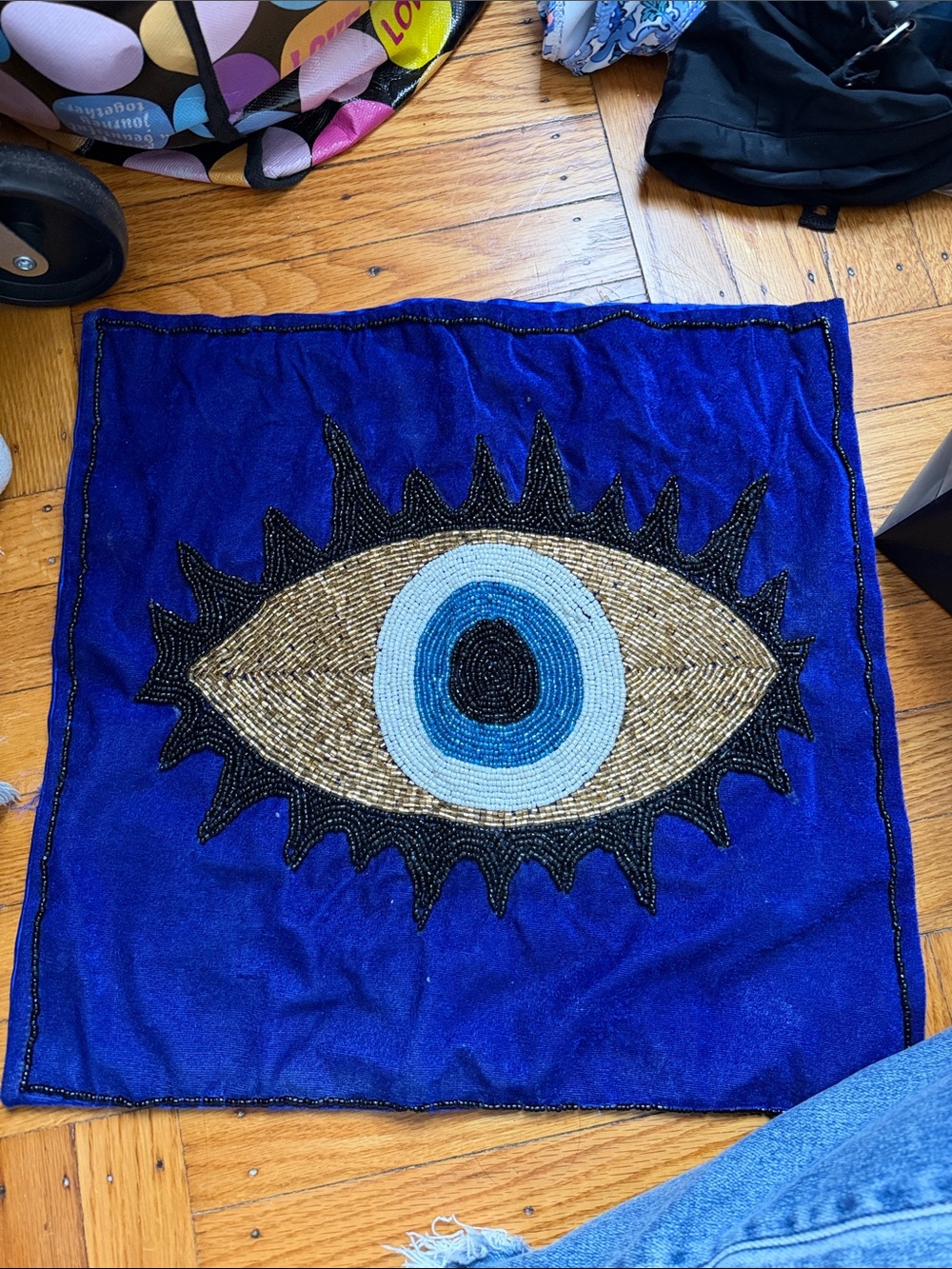 Pack of 2 Decorative Blue Beaded Evil Eye Pillow Covers